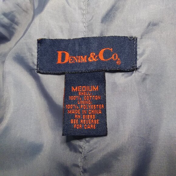 Denim & Co Long Blue Denim Jacket Chore Barn Duster Size Medium Button Front - Picture 14 of 14
